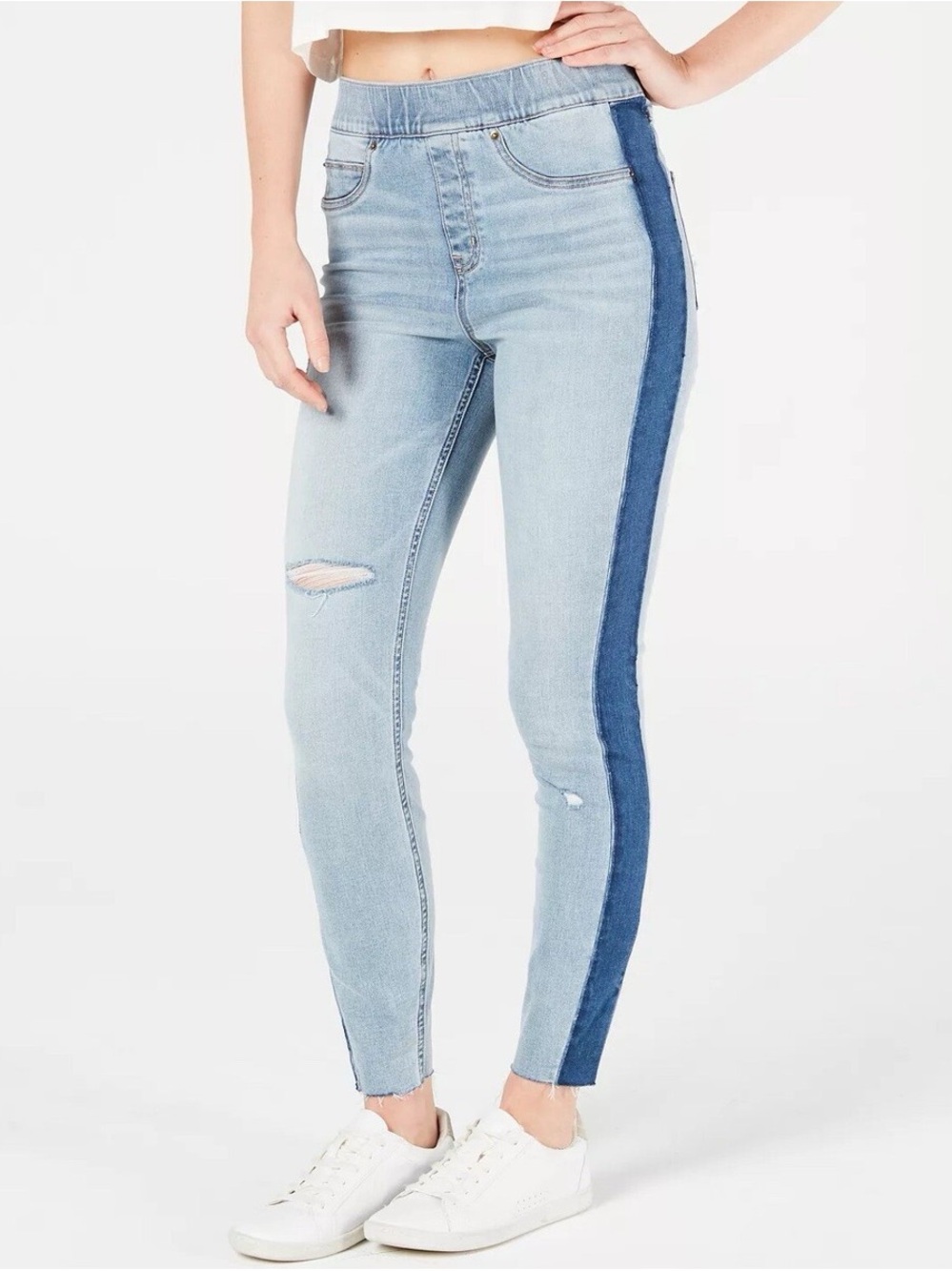 NWT SPANX Light Wash Skinny Jeggings Blue Contrast Side Stripe Distressed Sculpt